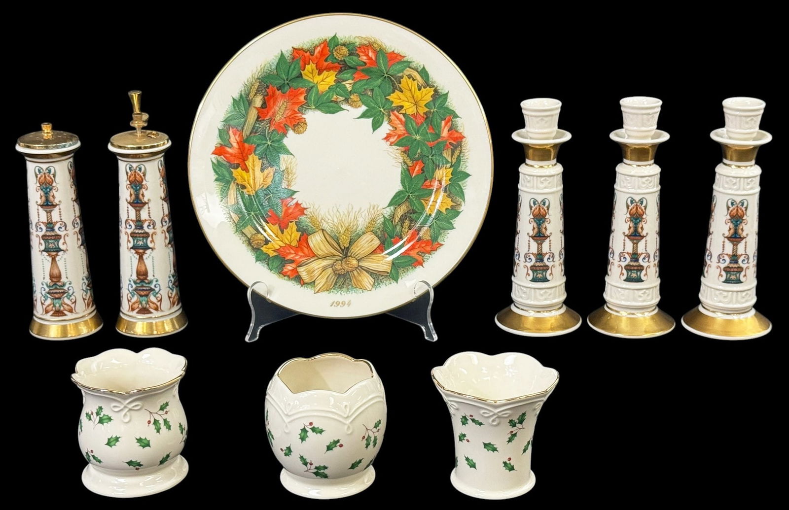 Lenox Holiday Porcelain Decorative Items 9pc LOT: Lenox, a coordinated group of fine porcelain decorative items including a set of five candlesticks with ornate classical motif and gilt accents, two examples fitted with snuffer lids, along with three