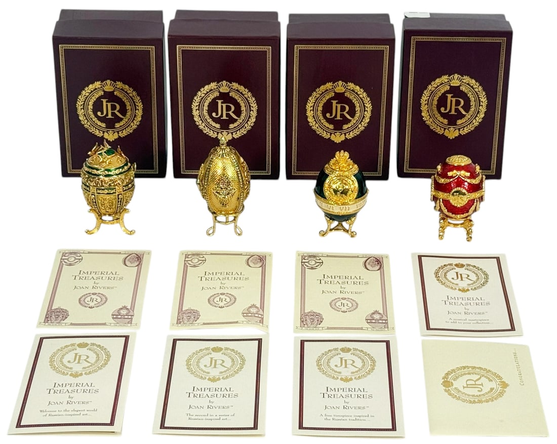 Joan Rivers Imperial Treasures Egg Trinket 4pc LOT: Joan Rivers, a collection of four Imperial Treasures Russian style enameled egg form trinket boxes, each richly decorated in the manner of Faberge inspired designs. All are mounted on ornate gilt meta