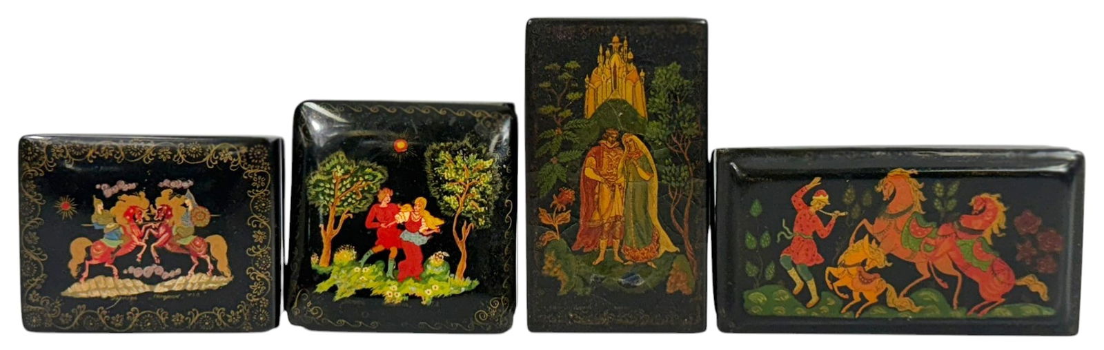 Russian Hand-Painted Lacquer Trinket Boxes 4pc LOT: Lot of four Russian hand-painted lacquer ware trinket boxes featuring traditional folk and fairy tale scenes. Each box is decorated with finely detailed figural compositions including horse riders, co