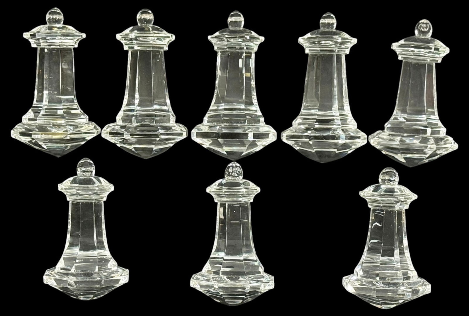 Contemporary Cut Crystal Chandelier Prisms 8pc SET: Group of eight clear lead crystal faceted chandelier prism pendant drops with octagonal bodies and pointed cut bases. Each prism features a decorative top cap with rounded finial, designed for hanging