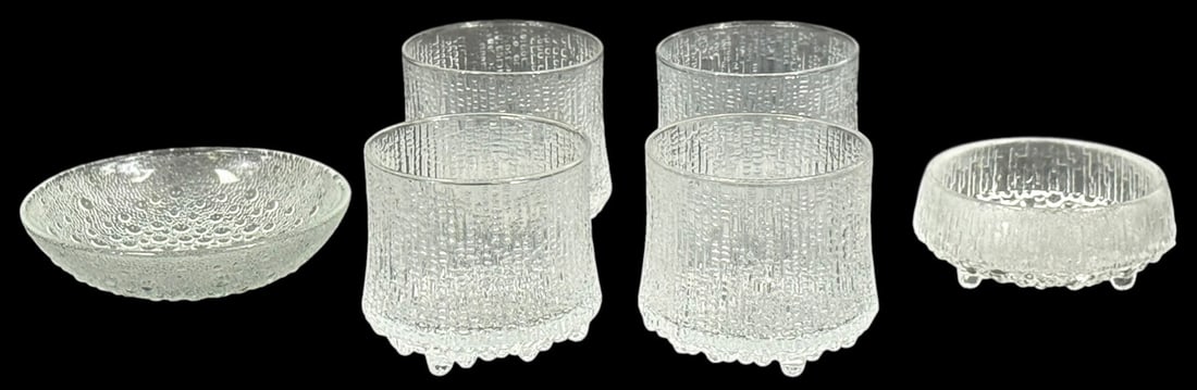 Iittala Ultima Thule Old Fashioned Glass 6pc SET: Set of six “Ultima Thule” glassware items designed by Tapio Wirkkala for Iittala, circa 1960s. Each piece features the iconic textured surface inspired by melting ice, with a slightly flared f