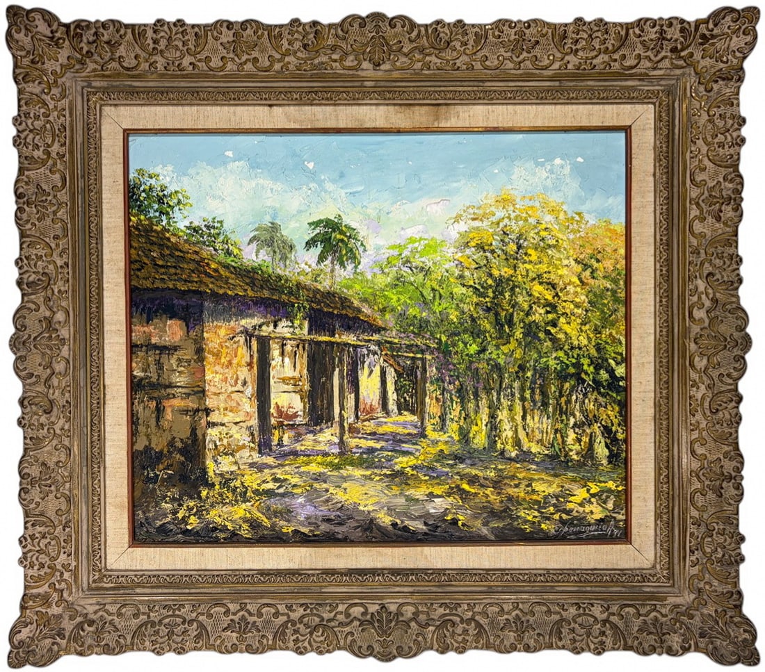 Pio Echenagucia Venezuelan Oil Painting on Canvas: Pio Echenagucia (Venezuelan, 1920 - 1997), impressionist oil painting on canvas depicting architectural ruins in a tropical landscape (San Esteban ruins near Puerto Cabello), signed and dated to the l