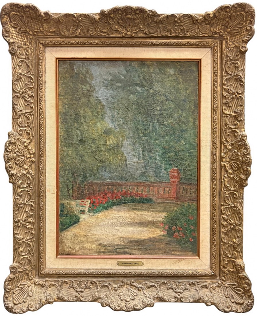 Armando Lira Sepulveda Fine Oil Painting on Canvas: Armando Lira Sepulveda (Chilean/Venezuelan, 1893 - 1959) garden landscape oil painting on canvas depicting a park scene with walkway and bridge, signed, with inscription verso, in ornate gilt frame. W