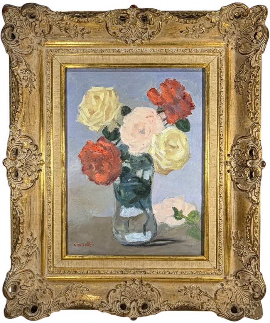 Jose Canelones Venezuelan Oil Painting on Canvas: Jose Canelones (Venezuelan, 20th century) floral still life oil on canvas, bouquet of roses in clear glass vase, red white and pale pink blooms, soft impressionist brushwork, muted background, signed