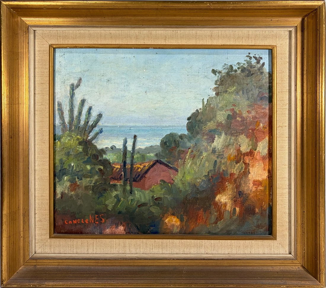 Jose Canelones Venezuelan Oil Painting on Wood: Jose Canelones (Venezuelan, 20th century) landscape oil painting on wood, rustic countryside with red roof structure, foliage and tall cacti, expressive brushwork with green red and blue tones, signed
