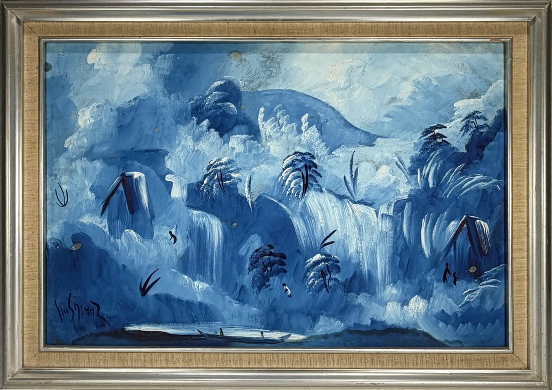 Luis Ordaz b.1912 Venezuelan Painting on Board: Luis Ordaz (Venezuelan, 1912 - 1976) landscape painting in acrylic or oil depicting a stylized river scene with figures, rendered in a monochromatic blue palette, signed to the lower left, in frame.Wo