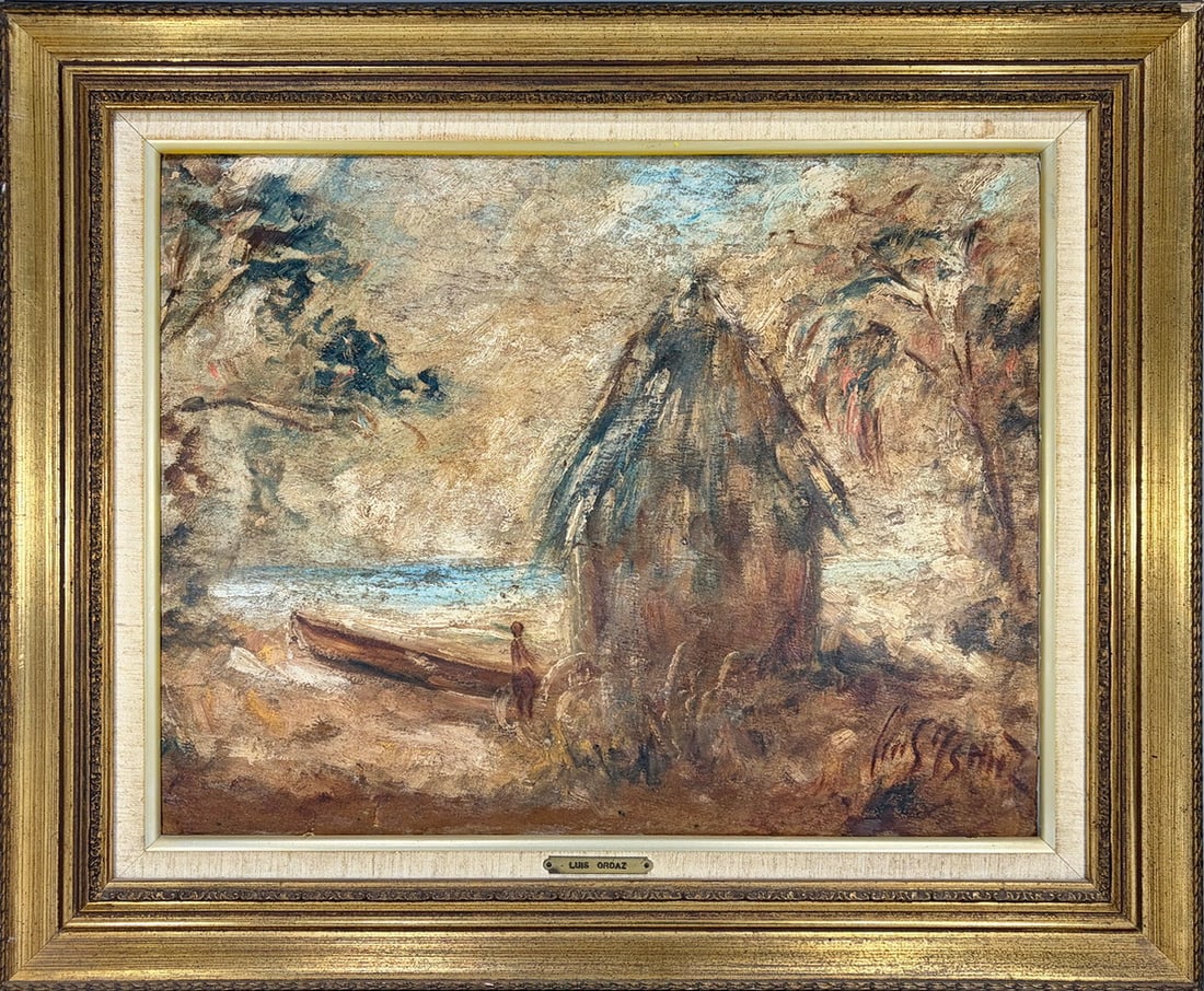 Luis Ordaz b.1912 Venezuelan Oil Painting on Wood: Luis Ordaz (Venezuelan, 1912 - 1976) coastal landscape oil painting on wood panel with hut, canoe, and figure in a serene tropical setting, signed to the lower right, in gilt frame.Work Size: 15.5 x 1