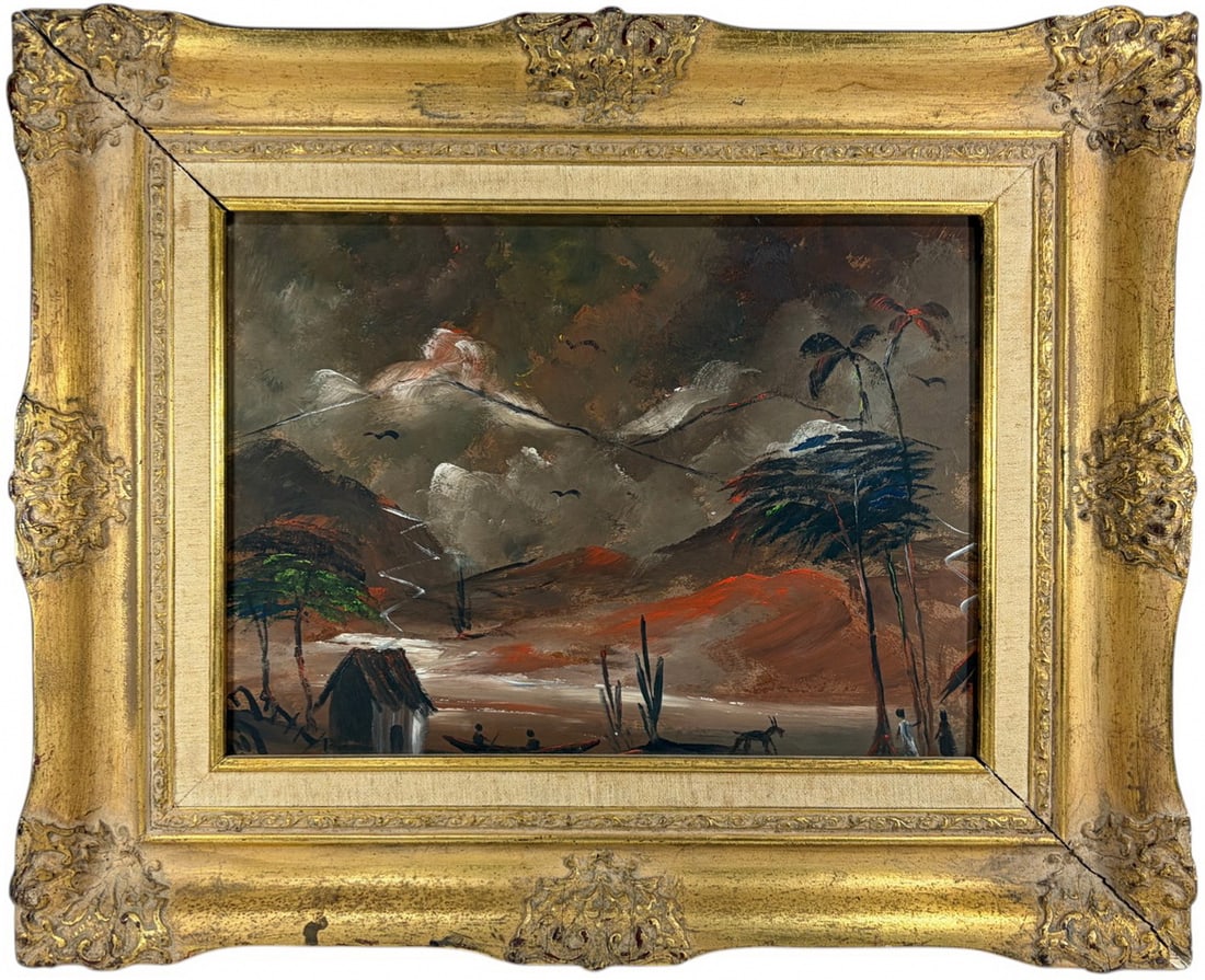 Luis Ordaz Venezuelan Oil Painting on Masonite: Luis Ordaz (Venezuelan, 1912 - 1976) landscape oil painting on masonite, stylized rural scene with mountains, winding river, and figures in boats and on foot, expressive brushwork with earthy tones an