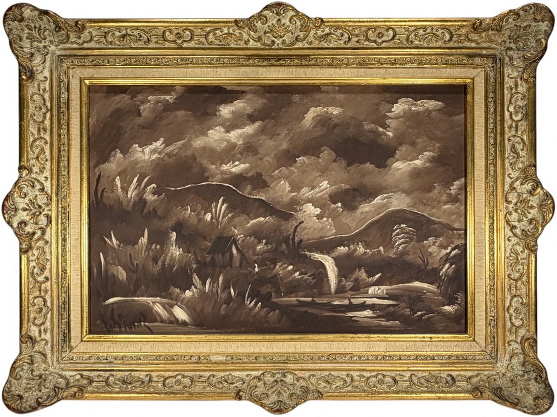 Luis Ordaz b.1912 Venezuelan Painting on Board: Luis Ordaz (Venezuelan, 1912 - 1976) landscape painting in acrylic or oil depicting a monochromatic river scene with figures and waterfall, signed to the lower left, in ornate gilt frame.Work Size: 16