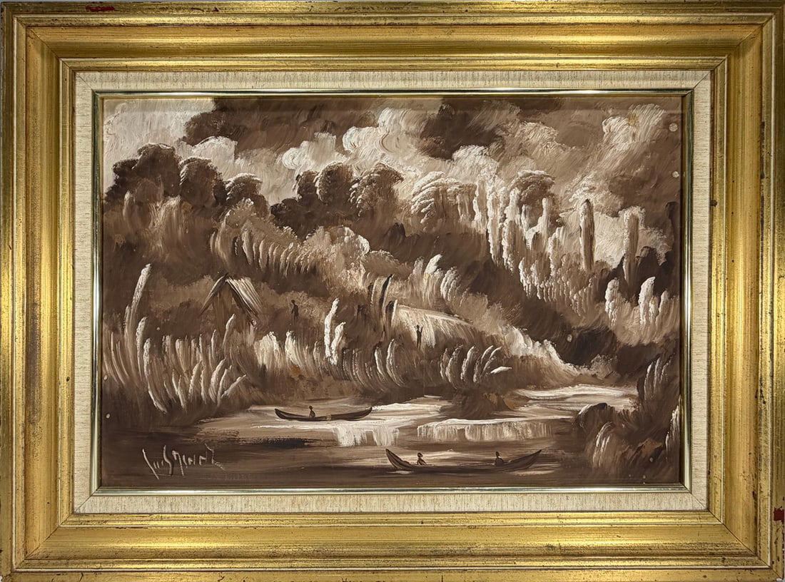 Luis Ordaz b.1912 Venezuelan Painting on Board: Luis Ordaz (Venezuelan, 1912 - 1976) landscape painting in acrylic or oil depicting a tonal river and waterfall scene with figures, signed to the lower left, in gilt frame.Work Size: 16 x 23.5 in.Dime