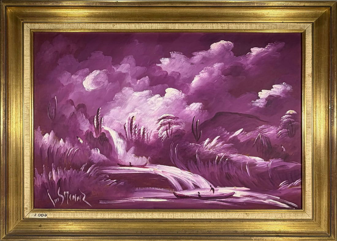 Luis Ordaz b.1912 Venezuelan Painting on Board: Luis Ordaz (Venezuelan, 1912 - 1976) landscape painting in acrylic or oil depicting a stylized river and waterfall scene with figures, in a monochromatic purple palette, signed to the lower left, in g
