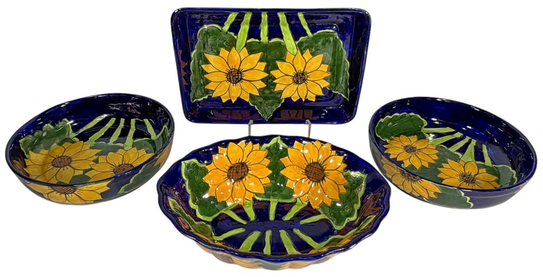 Mexican Talavera Folk Art Hand Painted Ceramic 4pc: Mexican Talavera ceramic four piece set, hand painted tray and three bowls with yellow sunflower motifs on cobalt blue ground with green accents, traditional glazed pottery, one is marked 'Mexico' to
