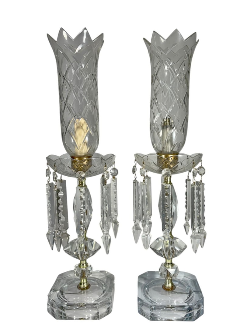VTG Cut Crystal Boudoir Hurricane Lamps 2pc LOT: Vintage pair cut crystal boudoir hurricane lamps, faceted bases with prism drops and scalloped bobeches, brass tone fittings, tall cut crystal hurricane shades with cross hatch and diamond patterns. E