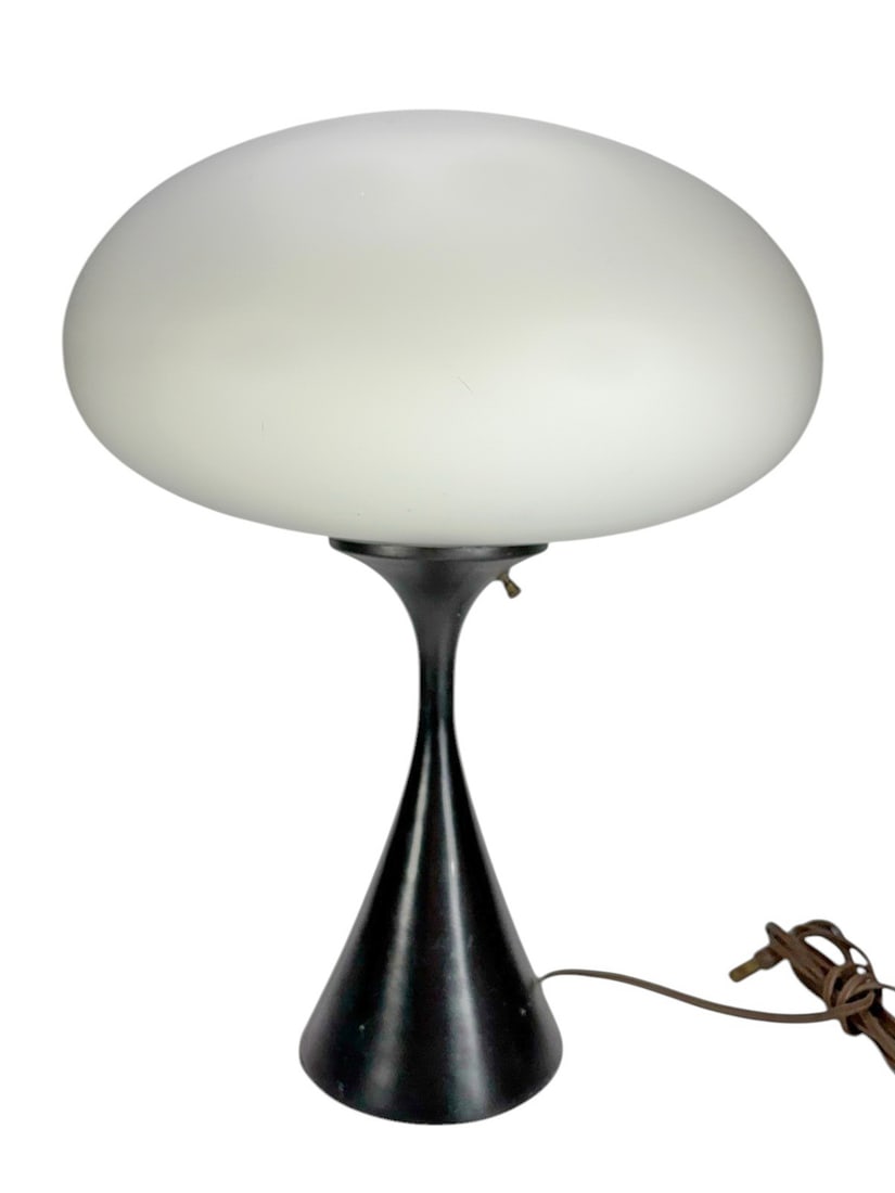 Laurel Mid Century Modern Mushroom Table Lamp: Mid century modern mushroom form table lamp, domed white glass shade on black metal tulip base, clean minimalist lines, frosted shade for diffused light, retains original socket and wiring. Base measu