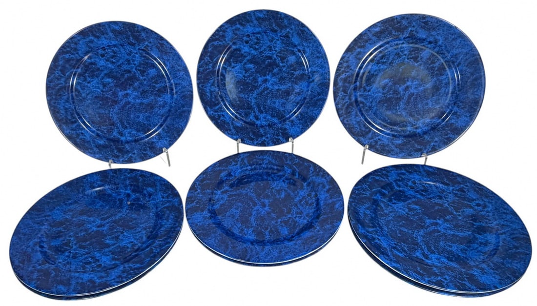 Philippe Deshoulieres Limoges Porcelain Dishes 9pc: Philippe Deshoulieres Limoges set of nine French porcelain dinner plates, cobalt blue marbled ground with glazed finish, abstract stone like pattern, marked underside 'Limoges France.' Each piece meas