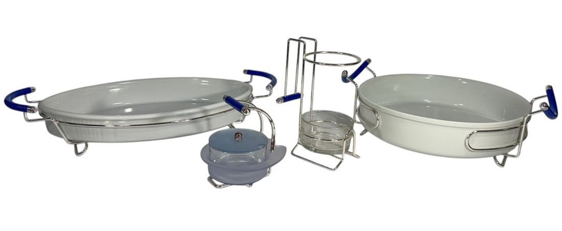 Ancap Italy Porcelain, Metal & Glass Serving 4pcs: Ancap Italy four piece serving set, porcelain metal and glass, includes two handled porcelain dishes in chrome frames with blue handles, glass insert holder with metal stand, and lidded glass condimen