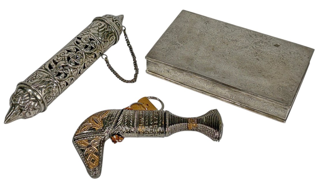 Khanjar Replica, Mezuzah Case & Tobacco Box 3pcs: Middle Eastern style three piece group, silver plated and wood, includes khanjar form curved blade with ornate sheath and geometric motifs, pierced mezuzah case with chain, and engraved tobacco box wi