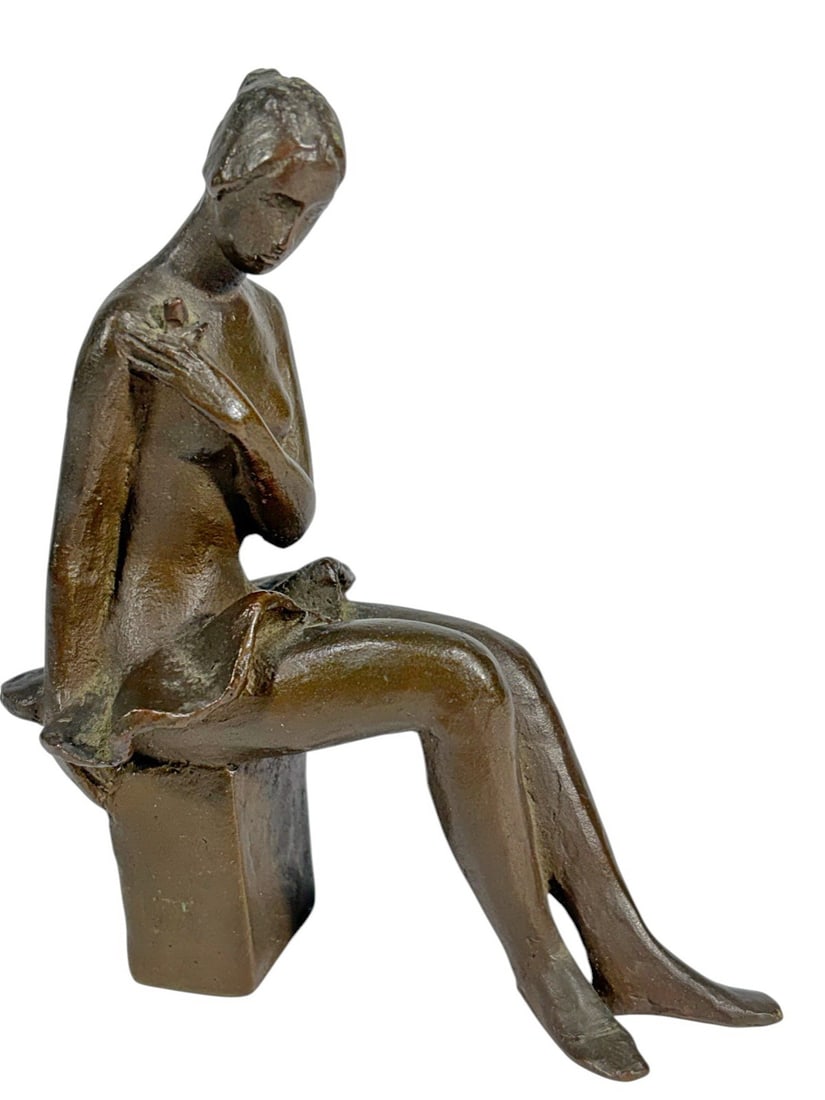 VTG Seated Ballerina Bronze Sculpture Figural L/E: Seated ballerina bronze sculpture, modernist female figure seated with legs extended and head bowed, hand at chest with apparent loss to element, textured surface with brown patina and verdigris accen