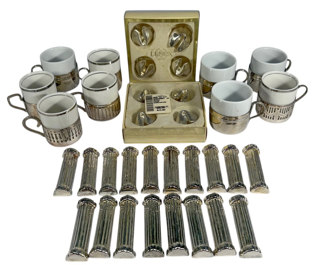 Lenox Fortune Cookies, Columns & Cups 35pc LOT: Lenox mixed group porcelain and metal table accessories, includes 8 silver plated fortune cookie card holders, 18 silver plated Corinthian column knife rests, and 9 porcelain cups with metal holders.