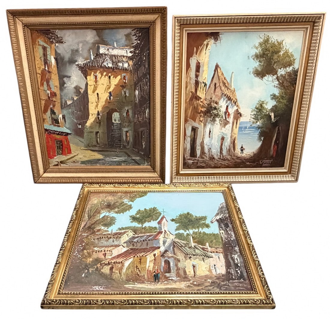 Village Scene Oil Painting on Canvas SIGNED 3pcs: Three oil paintings on canvas, Mediterranean village scenes with coastal and architectural views, impasto palette knife technique, figures and rustic buildings, signed and in gilt frames. The largest