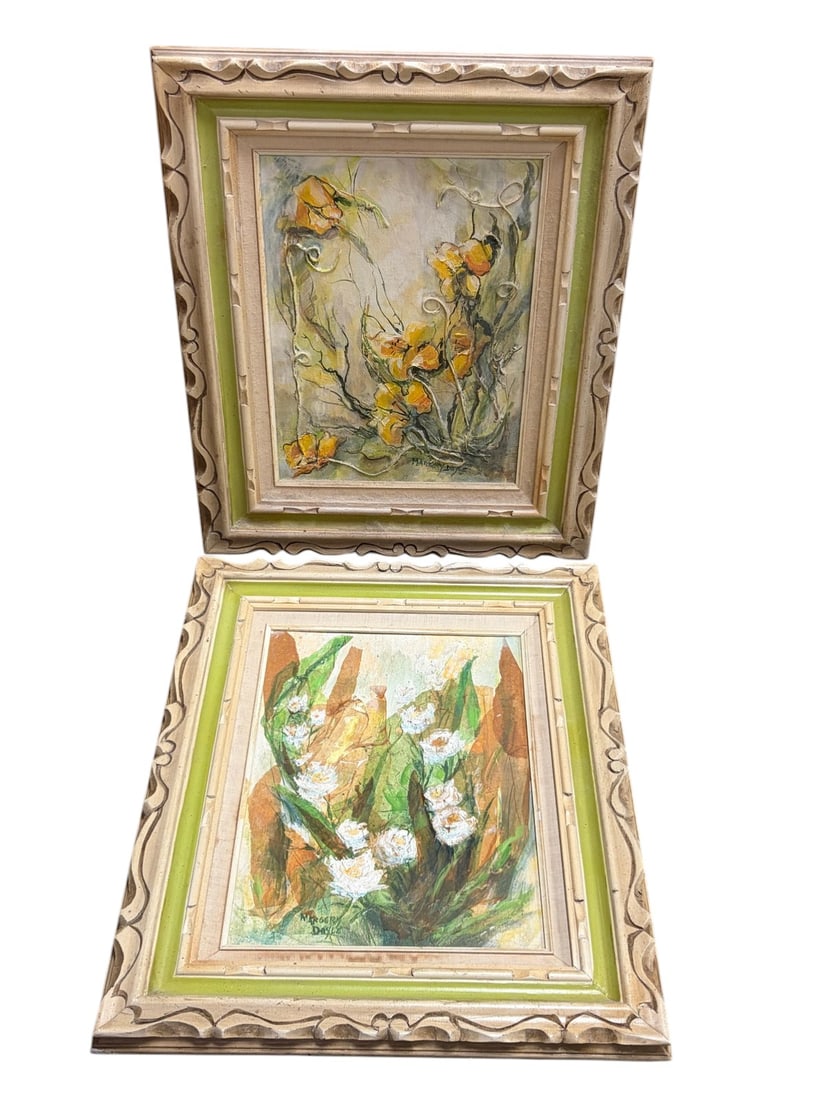 Margery Doyle American Oil Painting on Board 2pcs: Margery Doyle, American, pair of oil paintings on board, expressive floral compositions with impasto and mixed media, white and yellow blossoms on abstract green and earth tone grounds, signed, carved