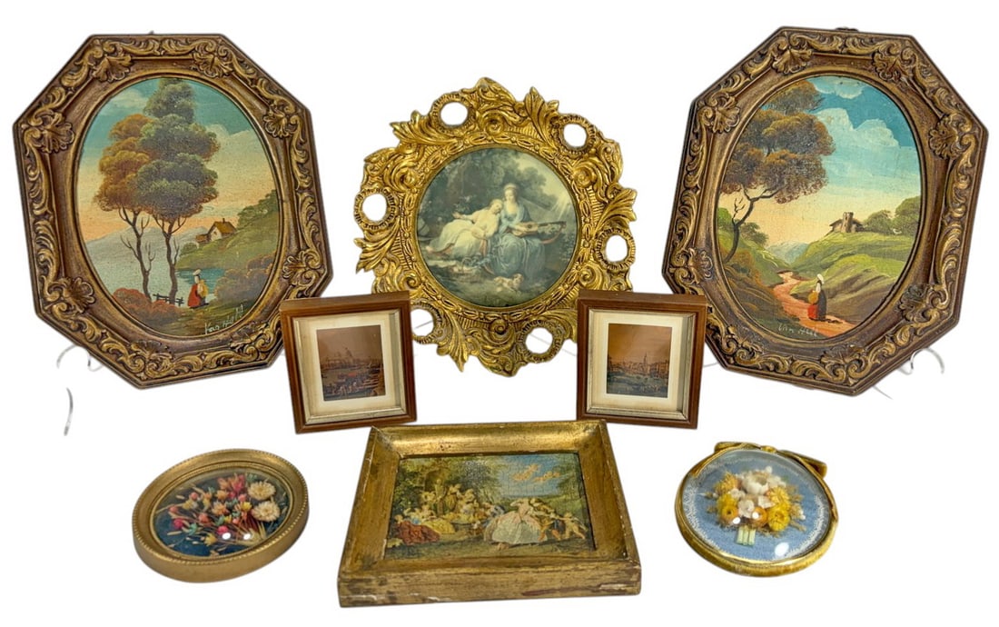 VTG Oil Paintings, Prints & Dried Flowers 8pc LOT: Mixed group of eight decorative works including small oil on canvas landscapes, assorted framed prints with figural and architectural scenes, and two convex glass frames with dried floral arrangements