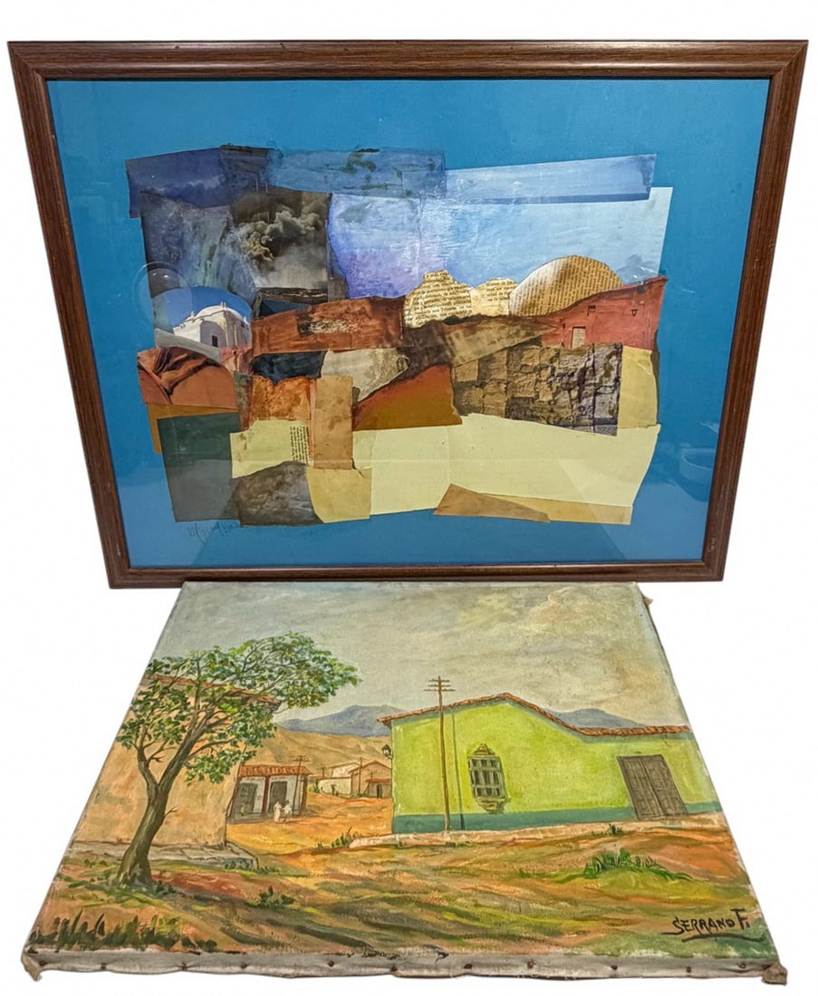 Serrano F Oil on Canvas & Framed Collage, Signed: Serrano F. oil on canvas rural village scene with figures trees and adobe architecture, signed to the lower right 'Serrano F,' together with abstract collage of layered printed materials with architec
