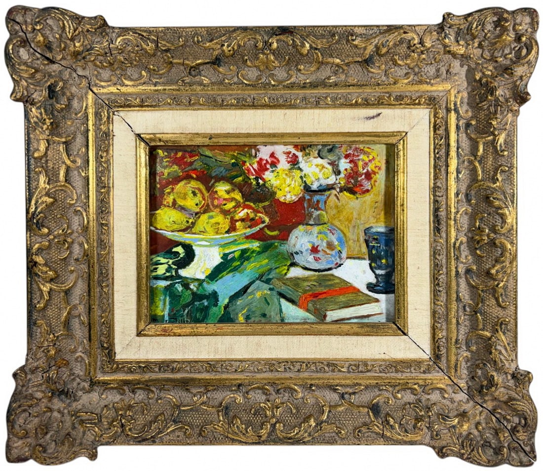 Marcos Castillo b.1897 Venezuelan Oil on Cardboard: Marcos Castillo (Venezuelan, 1897 - 1966) oil on cardboard still life, fruit flowers and tabletop objects with vase and books, expressive brushwork and bold color, signed to the lower area, verso titl