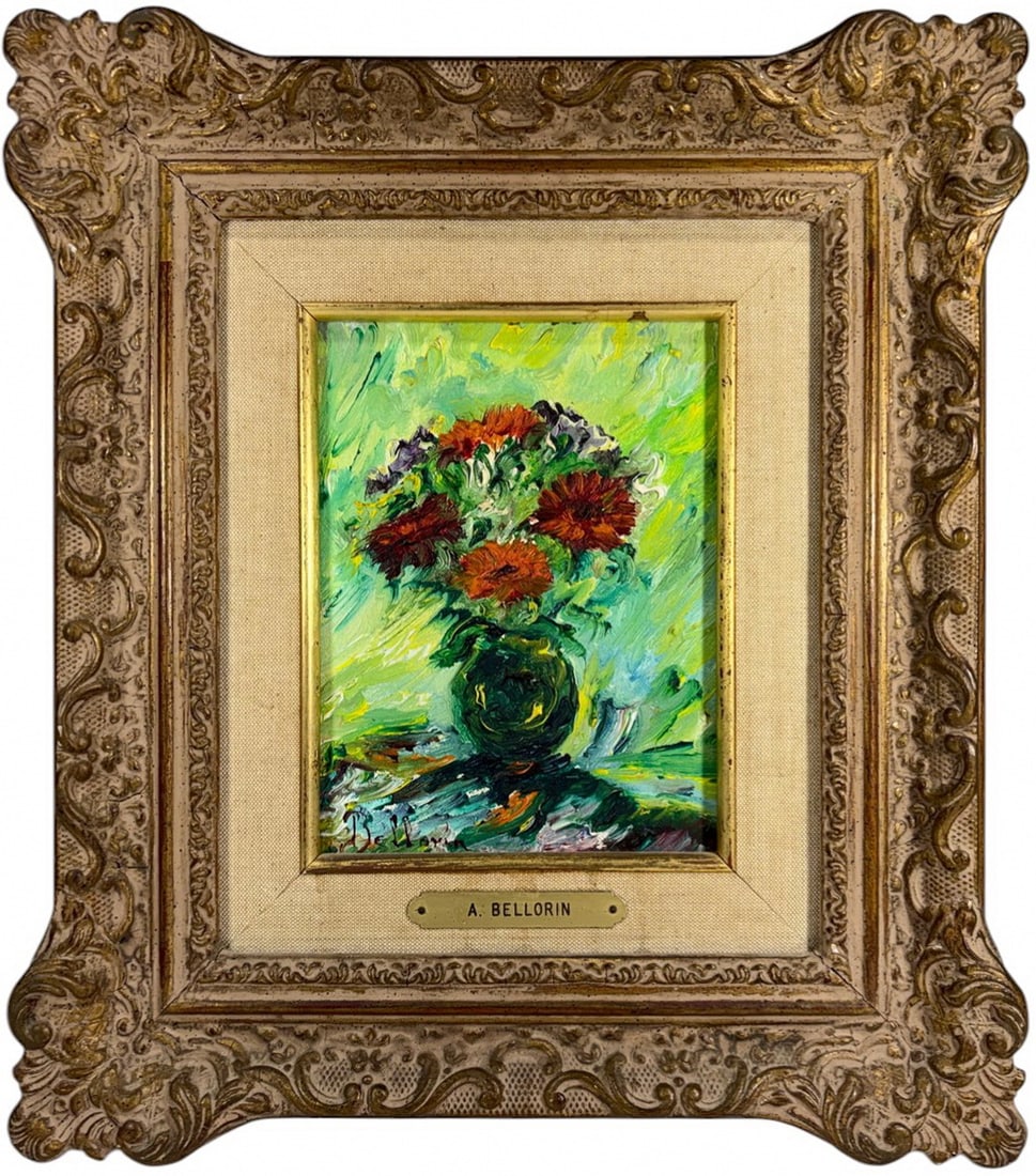 Signed A. Bellorin Still Life Oil on Cardboard: A Bellorin still life oil on cardboard, floral bouquet in green vase with abstract background, impasto brushwork and bold color, signed to the lower left 'Bellorin,' ornate carved frame with nameplate