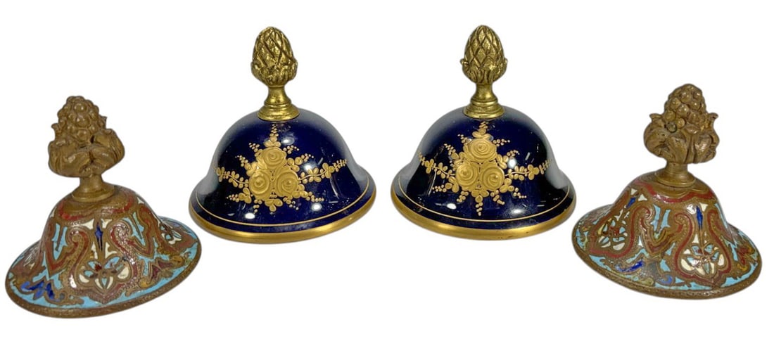 4 French Sevres Porcelain & Bronze Champleve Lids: Sevres four piece group, two pairs porcelain and bronze decorative lids, cobalt porcelain with gilt garlands and acorn finials, and champleve enamel lids with floral scrollwork and figural finials, Se
