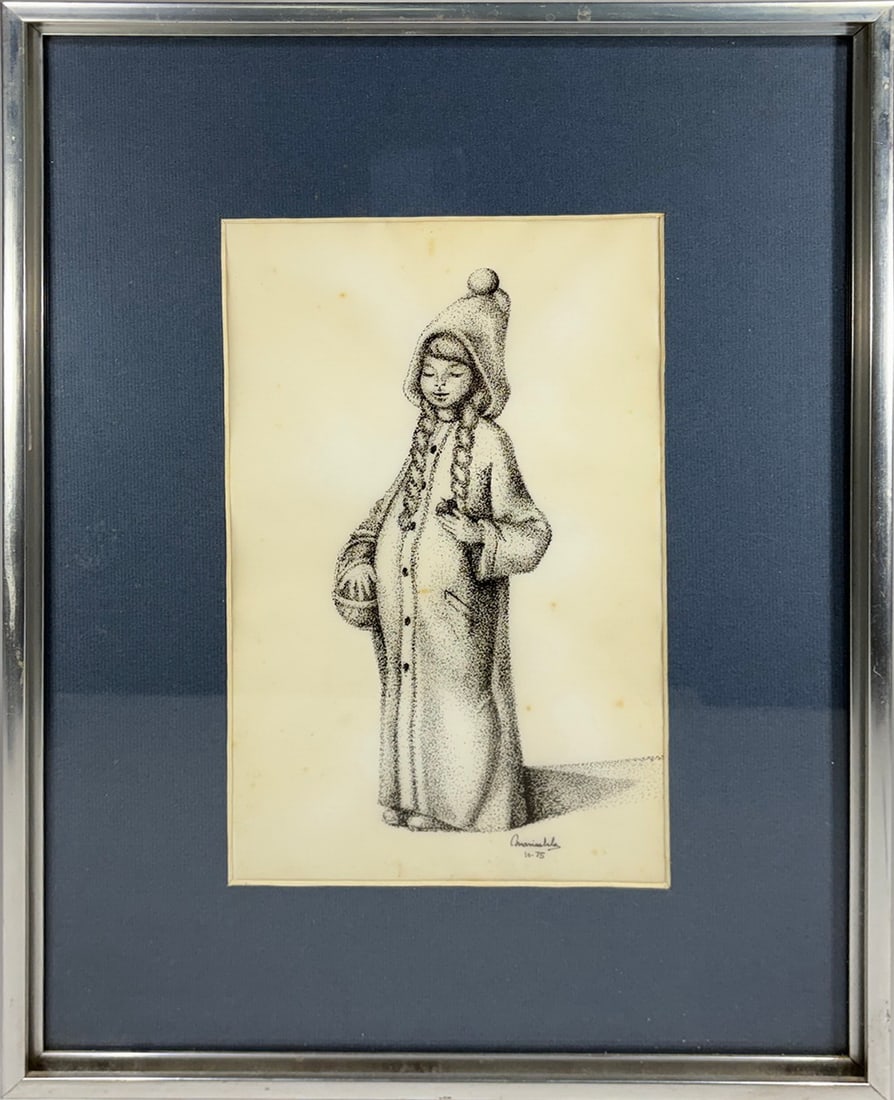 Signed Marisabela Framed Figural Drawing or Print: Signed 'Marisabela 10-75,' framed drawing or print depicting a child in winter coat and knit cap, rendered in pointillist stipple technique, black ink on paper, matted and housed in metallic frame. Wo