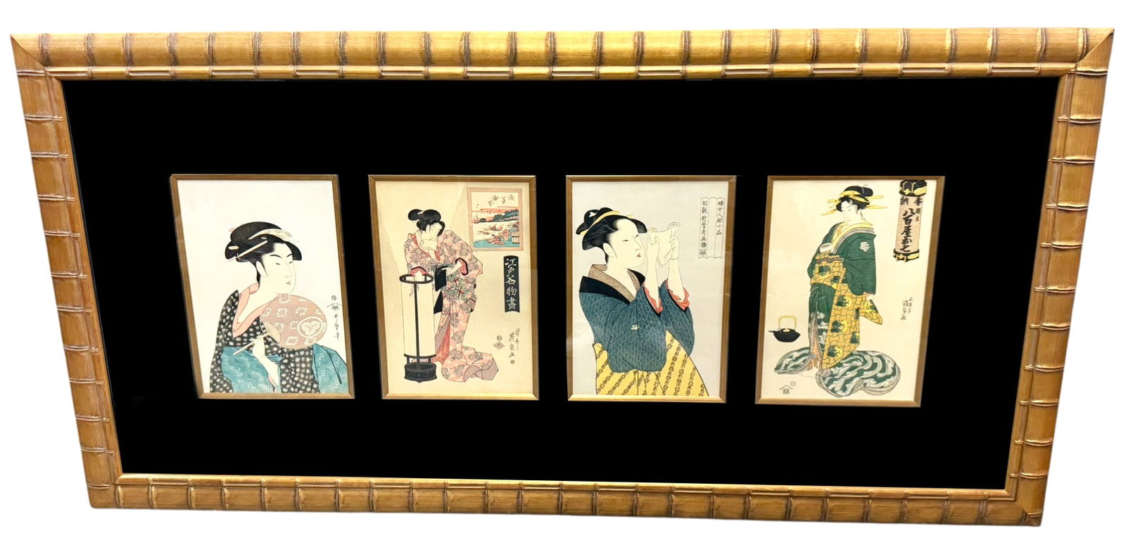 Framed Japanese Ukiyo-e Style Woodblock Prints: Japanese ukiyo-e style, a framed collection of four woodblock prints depicting women in traditional kimono engaged in daily activities. The prints feature classic Edo period inspired compositions with