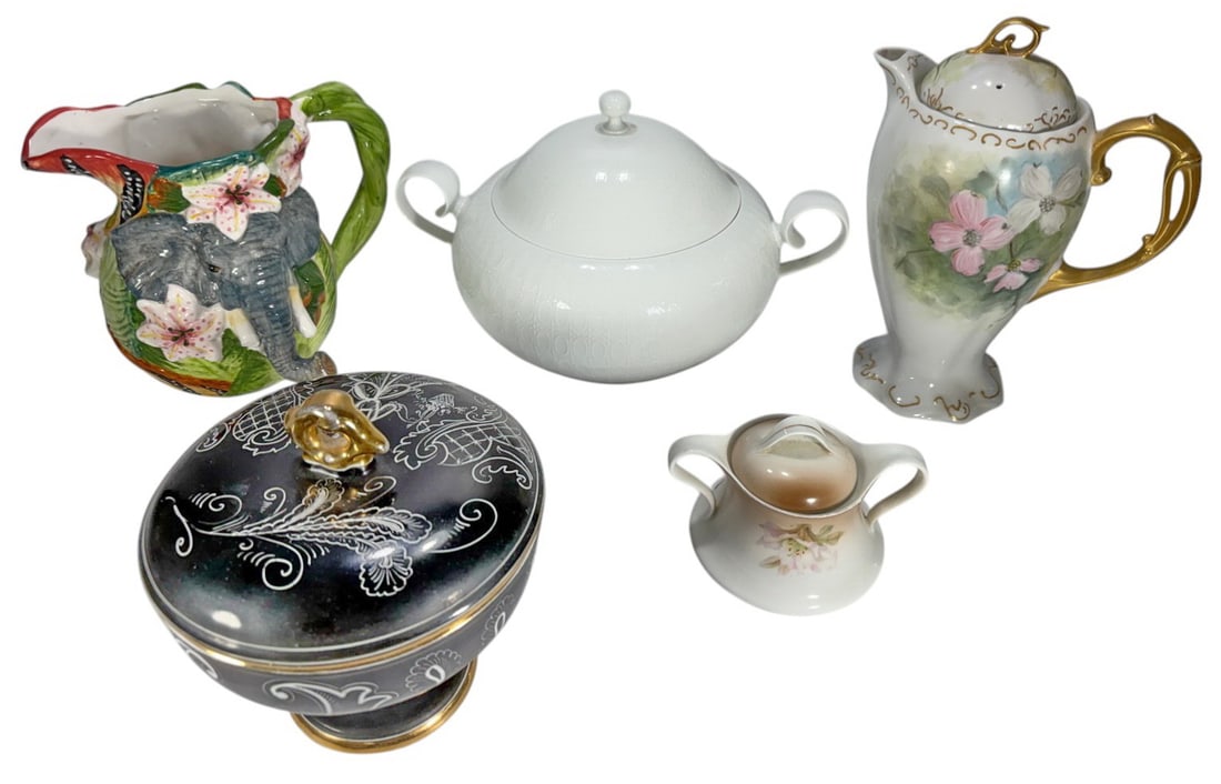 Rosenthal Kettle & Others German Porcelain 5pc LOT: Rosenthal Germany and others mixed porcelain group, includes lidded sugar bowl with twin handles, hand painted coffee pot with gilt accents, Bavarian creamer, black ground covered dish, and figural el