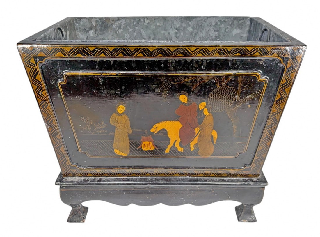 Chinese Black Lacquer Wood & Tin Planter 3pc LOT: Chinese black lacquer rectangular wooden planter with gilt figural landscape decoration and geometric borders, fitted with removable metal liner with side handles, raised on carved wooden stand. Base