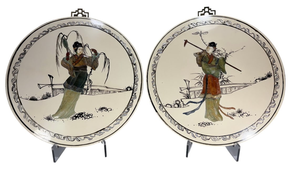 Pair of Chinese Wood & Stones Relief Round Plaques: Chinese school pair of hand painted round wall plaques, raised relief figures of women in landscape scenes, polychrome decoration with incised detail, mounted on wood backing with hanging hardware. Ea