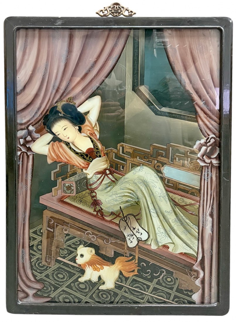 Vintage Chinese Reverse Glass Framed Painting 28": Chinese school reverse glass painting, reclining courtesan in interior with drapery, traditional attire, carved bench and small dog, detailed decorative elements, black lacquered frame with metal hang
