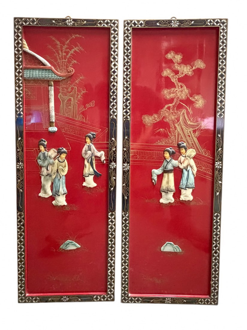 Vintage Chinese Pair of Red & Black Lacquer Panels: Chinese decorative arts, pair of red lacquer panels with carved hardstone figures, traditional scenes with pavilion and pine, gilt details, black lacquer borders, mid 20th century export, wall mounts