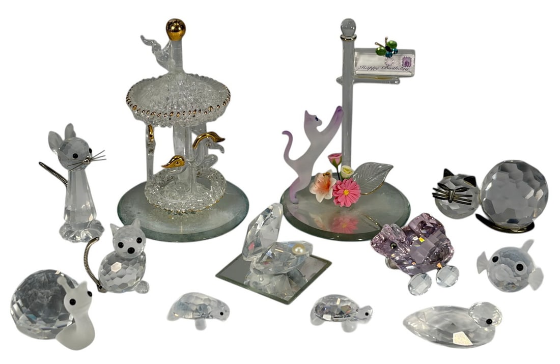 Swarovski Crystal & Others Miniature Fig 12pc LOT: Collection of miniature crystal animal figurines and decorative objects, including cats, turtles, and other small forms with faceted bodies and black accent eyes. Also includes additional glass displa
