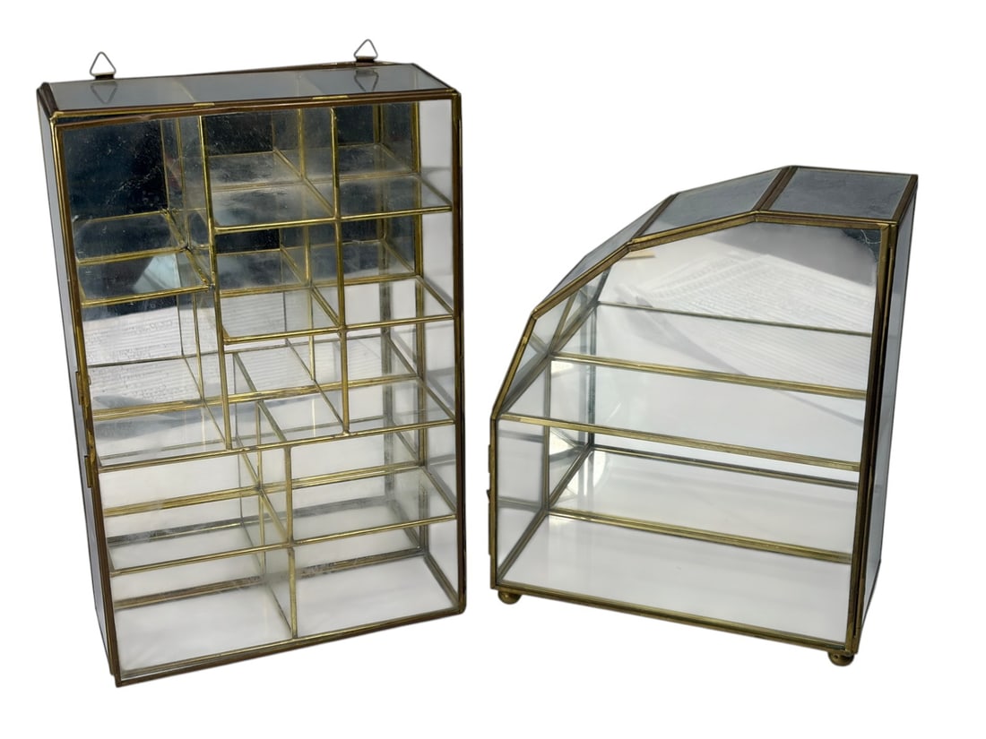 Vintage Brass & Glass Miniature Wall Vitrines 2pcs: Vintage brass and glass pair of miniature wall vitrines, includes tall cabinet with compartment shelves and slant front vitrine with tiered shelves, brass tone frames with glass panels, hinged doors a
