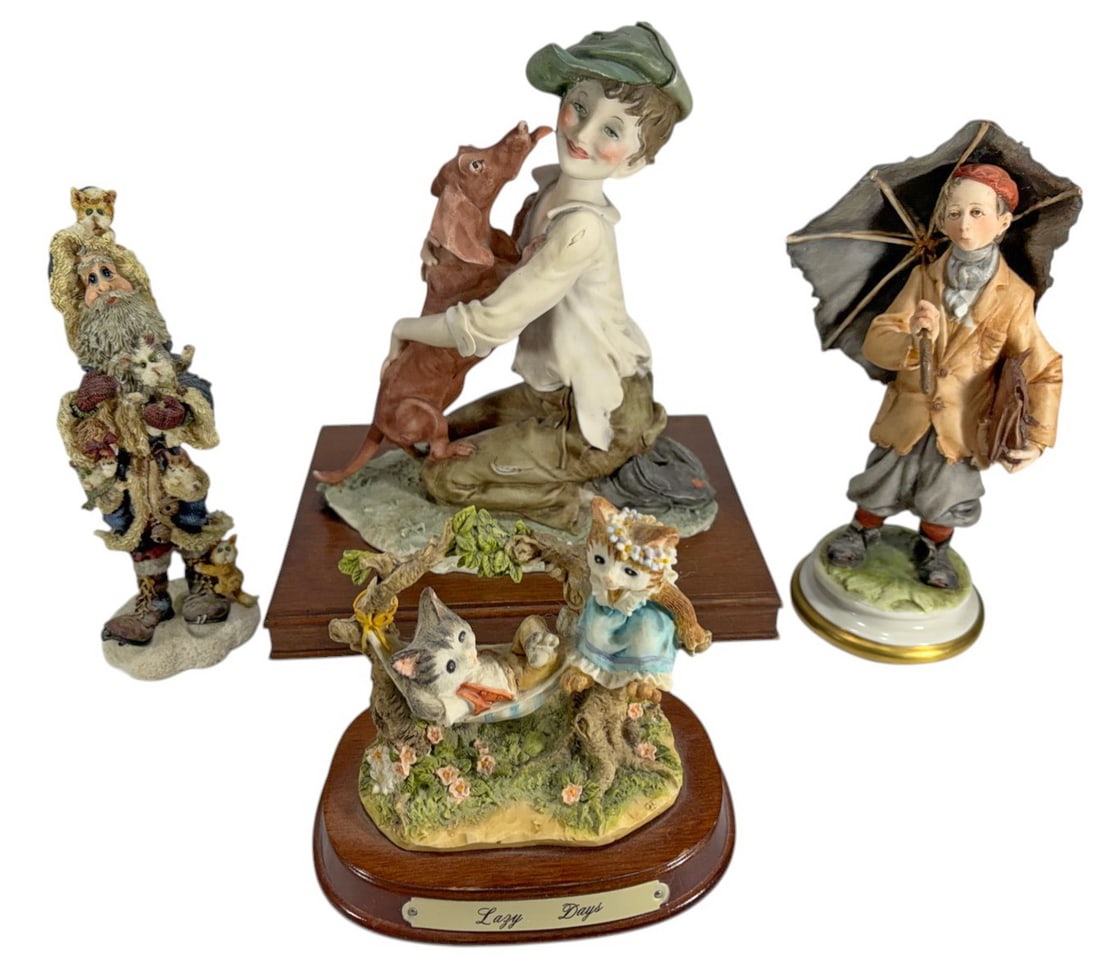 Giuseppe Armani & Others Mixed Figurines 4pc LOT: Giuseppe Armani, a resin figurine depicting a young boy embracing a dog, mounted on a wooden base. Accompanied by two additional resin figurines including a Boyd's Bears example and a cat themed group
