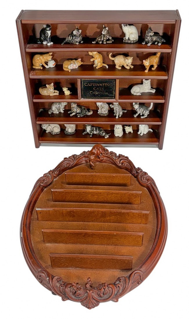 Assorted Porcelain Mini Cats Fig & Shelves 26pcs: Captivating Cats Collection group of 24 miniature porcelain cat figurines, various poses and hand painted detail, housed in wooden display shelf with additional carved wall shelf. The largest measures