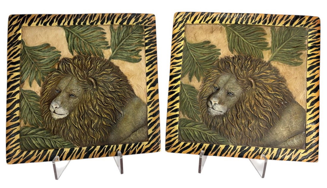 Maitland Smith Style Lion Resin Wall Plaques 2pcs: Pair of Maitland Smith style resin wall plaques depicting lions in jungle foliage, relief molded with textured detail and tiger stripe borders, naturalistic earth tone palette, verso with hanging moun