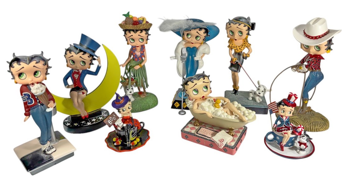 Betty Boop Collection Themed Resin Figurines 9pcs: Betty Boop collection, nine resin figurines depicting various themed characters including cowgirl, bathing, Hawaiian, moon, and patriotic examples, colorful hand painted finishes with stylized bases,