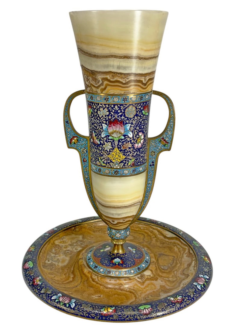 Antique French Bronze Champleve & Onyx Amphora: Amazing antique French finely crafted bronze and champleve enamel mounted on an onyx amphora with two handles and a flared ring.Dimensions: 12.5 X 9 X 9 in. Condition: Good overall condition havin