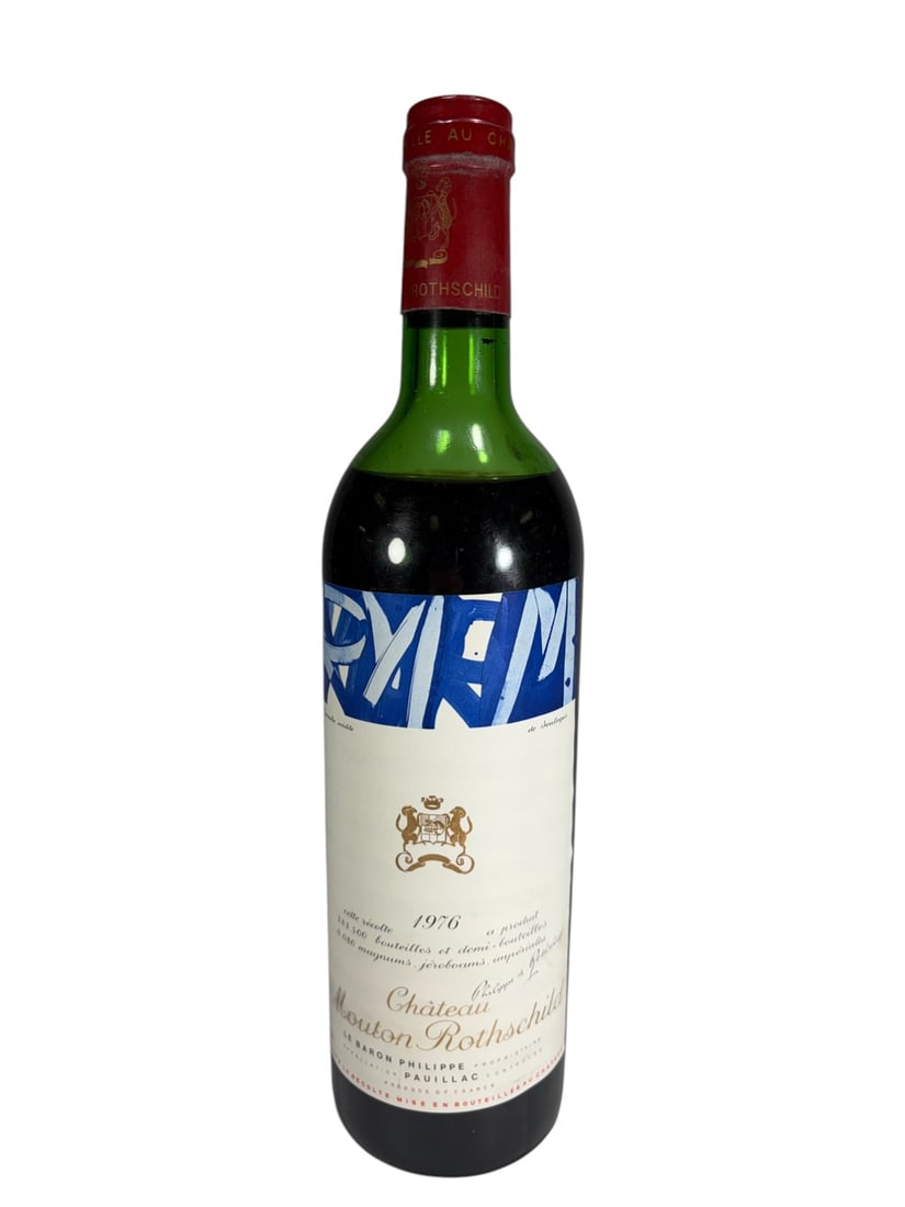 1976 Chateau Mouton Rothschild by P. Soulages: Chateau Mouton Rothschild, a 1976 Pauillac red wine bottle feauturing the artist designed label by Pierre Soulages. Produced under Baron Philippe de Rothschild, Appelation Pauillac Controlee and bottl
