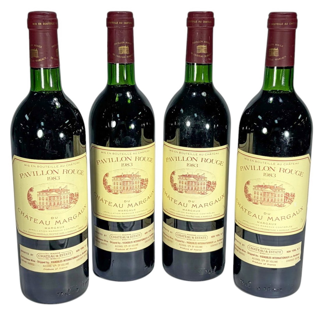 1983 Chateau du Margaux Red Wine Bottles 4pc LOT: Lot of four 1983 Pavillon Rouge du Chateau margaux red wine bottles from the Margaux appellation. Pavillon Rouge is the esteemed second wine of Chateau Margaux. Imported by Chateau and Estate Wines Co