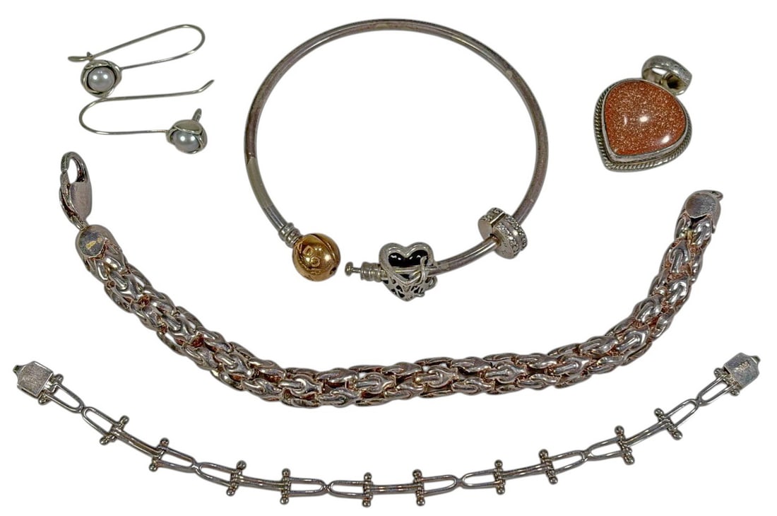 Sterling 925 Bracelets, Earrings & Pendant 5pc LOT: A group of five sterling silver jewelry pieces including a pandora charm nangle bracelet with multiple charms including a heart engraved Love You Mom and a gold filled Pandoramarked bed, a link chain