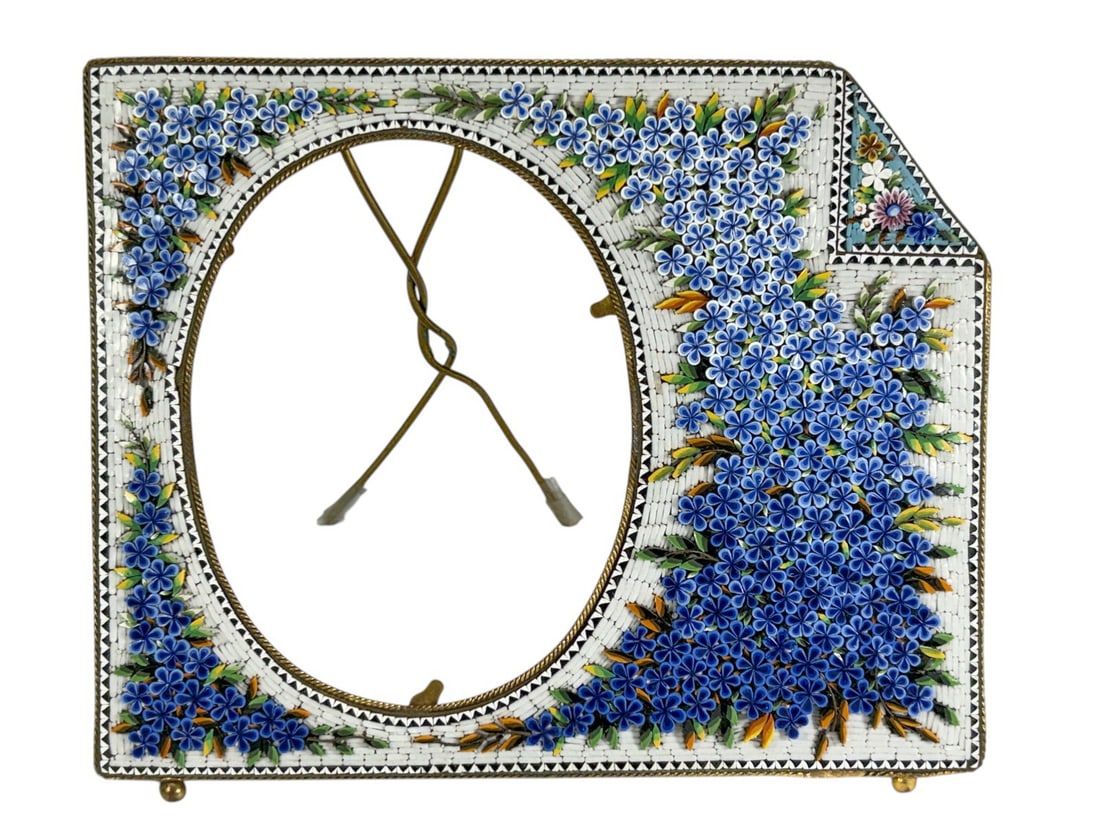 VTG Italian Gilt Brass Micromosaic Picture Frame: Italian gilt brass and finely crafted micro mosaic stones picture frame with floral decoration. The picture opening is 5 x 4 inches. Dimensions: 6.25 X 7.75 X 0.25 in. Condition: Good overall cond