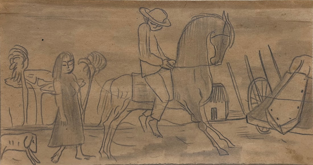 Vintage Pencil Drawing Scene of People & Horse: Vintage pencil drawing figural scene with mounted man, standing woman, dog and farm elements, naive linear style with simple contours. In dark wood frame with fabric mat. Work Size: 4.25 x 7.75 in. Di