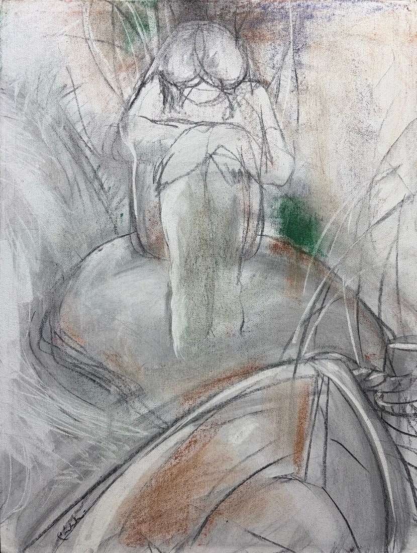 Charcoal & Pastel Woman Seated Drawing on Canvas: Charcoal and pastel on canvas figural composition with seated female in contemplative pose, loose expressive style with soft lines and muted earth and green tones, abstract gestural background. In orn